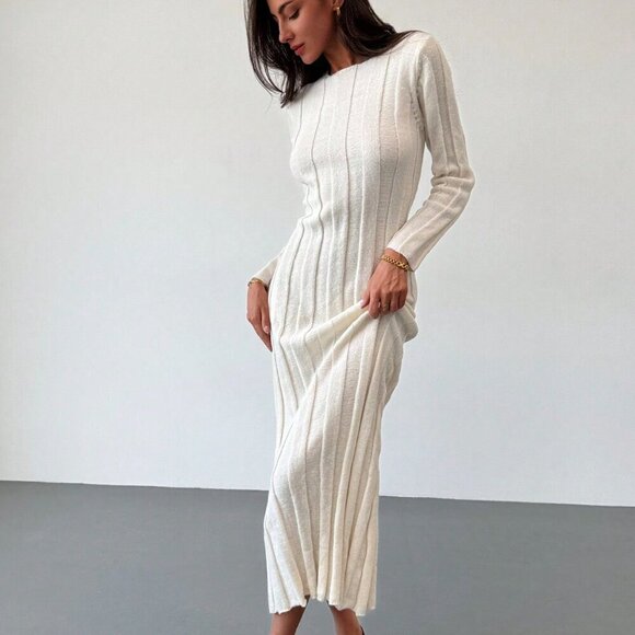 Beige Elegant Women's Crew Neck Long Warm & Comfortable Knit Casual Dress - Picture 1 of 7